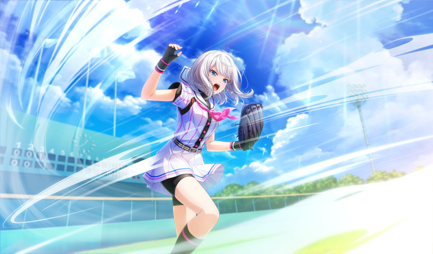 1girl baseball baseball_glove baseball_stadium baseball_uniform belt belt_buckle bike_shorts_under_skirt black_belt black_gloves black_shorts black_socks black_undershirt blue_eyes buckle cinderella_series cloud cumulonimbus_cloud dutch_angle fingerless_gloves flag foot_out_of_frame game_cg gloves hachigatsu_no_cinderella_nine highres kusakari_runa light_rays looking_ahead medium_hair neckerchief non-web_source official_art on_grass open_mouth outdoors pink_neckerchief playing_sports pleated_skirt satogahama_baseball_uniform scoreboard shirt shirt_under_shirt short_sleeves shorts skirt sky socks solo sportswear striped_belt striped_clothes striped_shirt sunbeam sunlight teeth upper_teeth_only v-shaped_eyebrows vertical-striped_clothes vertical-striped_shirt white_hair wind wristband