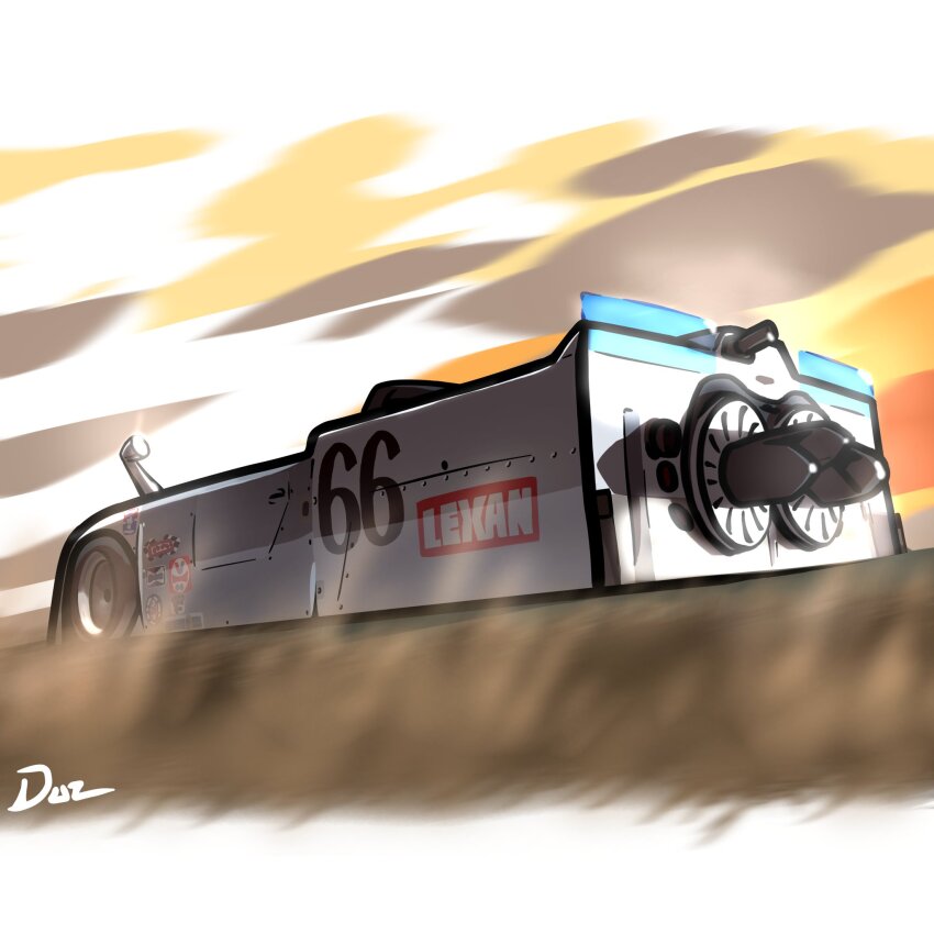 artist_name can-am_(motorsports) car chaparral_2j chaparral_cars commentary dust duz english_commentary from_behind glint highres motion_blur motor_vehicle no_humans race_vehicle racecar shadow side-view_mirror vehicle_focus