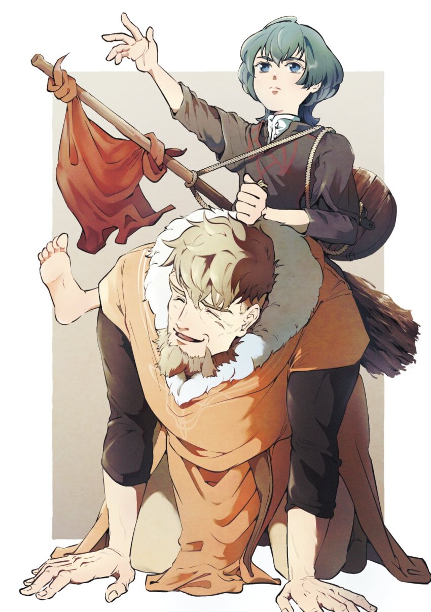 2boys all_fours beard black_shirt blonde_hair blue_eyes border male_byleth_(fire_emblem) child closed_eyes collared_shirt commentary_request facial_hair father_and_son fire_emblem fire_emblem:_three_houses flag fur_trim green_hair hand_in_another&#039;s_hair highres jeralt_reus_eisner layered_sleeves long_sleeves looking_ahead male_focus multiple_boys nintendo open_mouth orange_tunic outstretched_arm pants red_flag shirt short_hair short_over_long_sleeves short_sleeves smile tunic un_faro white_border white_fur white_pants white_shirt wolf_cut