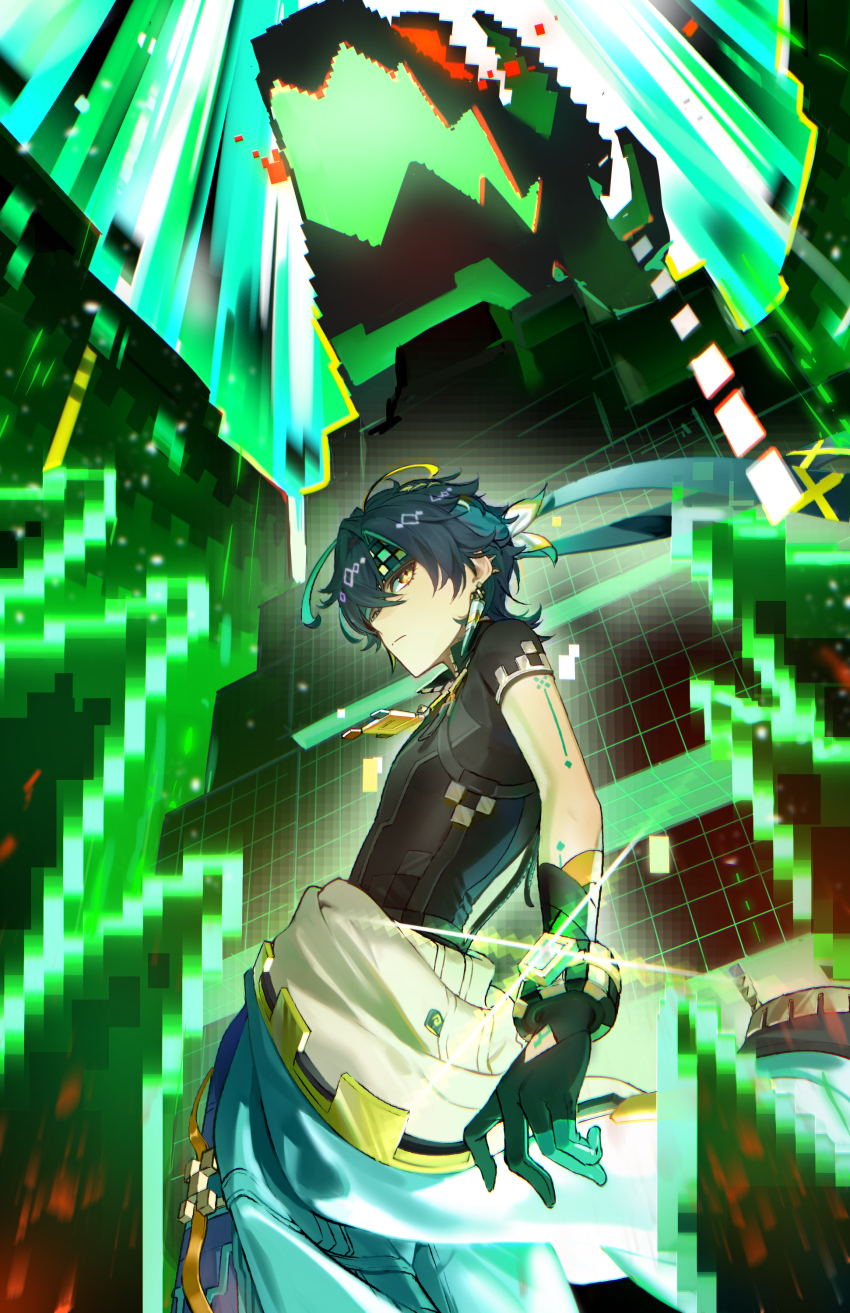 1boy absurdres ajaw_(genshin_impact) black_gloves black_hair blonde_hair blue_hair closed_mouth clothes_around_waist commentary_request dragon earrings genshin_impact gloves green_hair hair_between_eyes headband highres jewelry kinich_(genshin_impact) male_focus moemoenomori multicolored_hair open_mouth short_sleeves sparkle