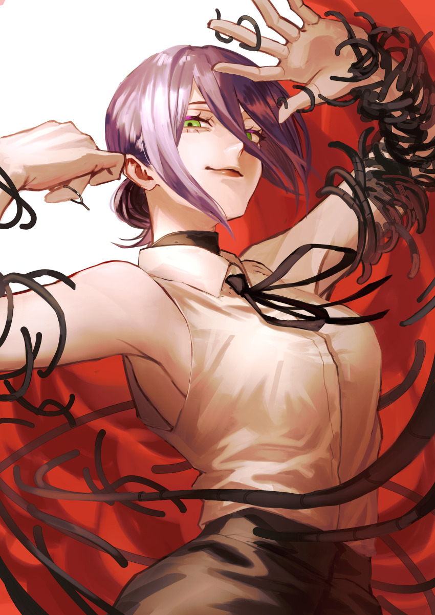 1girl absurdres armpits arms_up black_ribbon black_shorts bonjindaaa chainsaw_man collared_shirt green_eyes grenade_pin hair_between_eyes hair_bun highres looking_at_viewer neck_ribbon purple_hair reze_(chainsaw_man) ribbon shirt shirt_tucked_in shorts sleeveless sleeveless_shirt solo white_background white_shirt