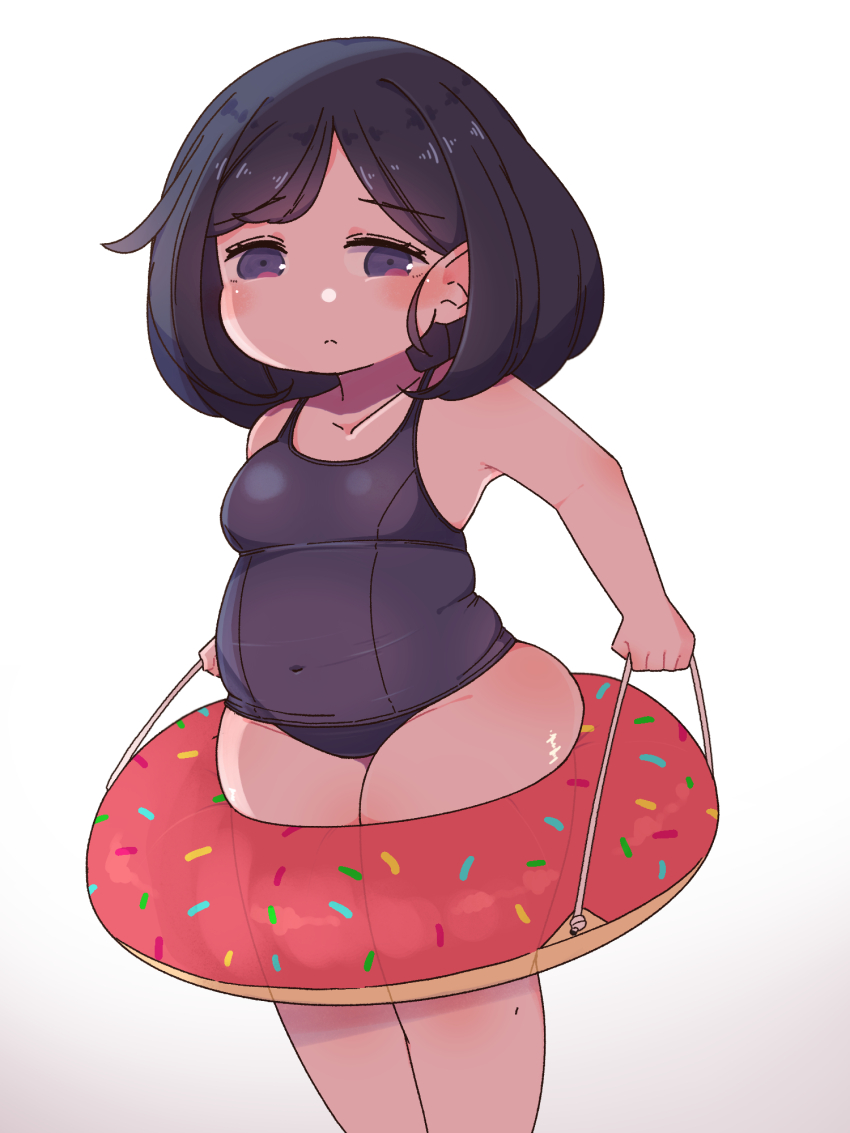 1girl black_hair blush breasts clenched_hands closed_mouth collarbone commentary_request covered_navel feet_out_of_frame highres horoyuki_(gumizoku) inconvenient_ass innertube looking_at_viewer medium_breasts medium_hair one-piece_swimsuit original plump simple_background small_breasts solo swim_ring swimsuit tareme thick_thighs thighs white_background