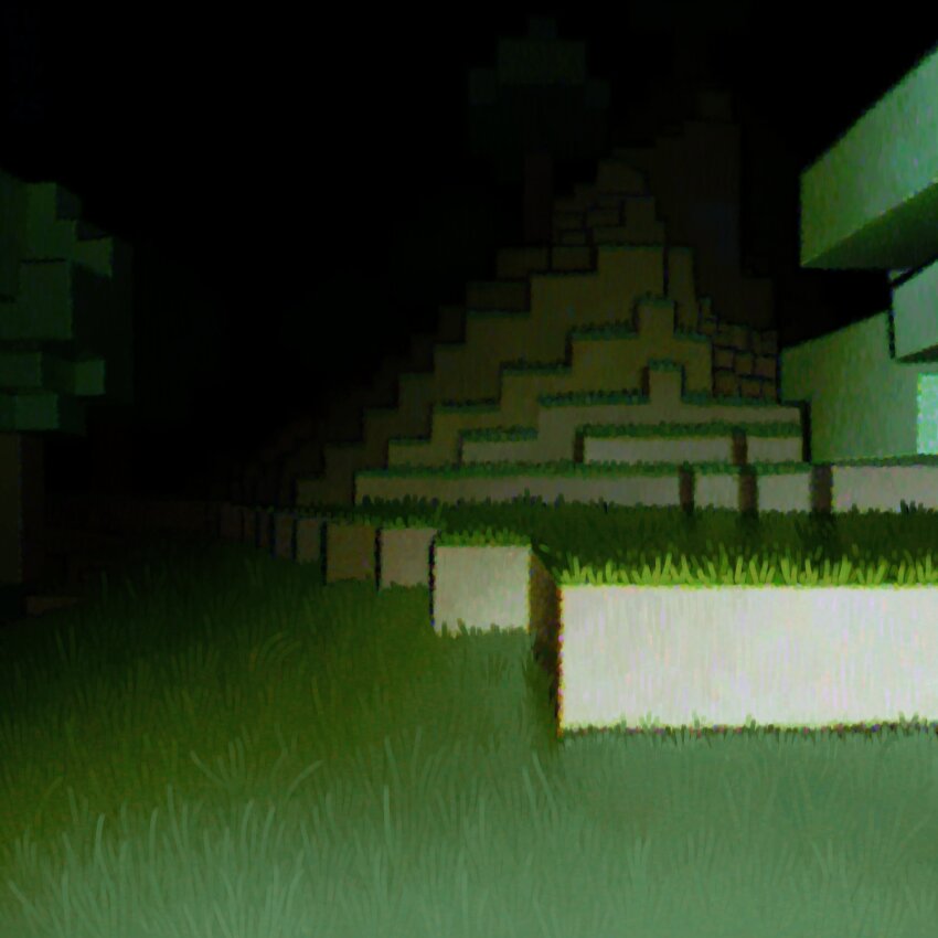 absurdres block_(minecraft) chromatic_aberration dark dyoudi grass highres horror_(theme) minecraft minecraft_(style) night no_humans outdoors scenery tree