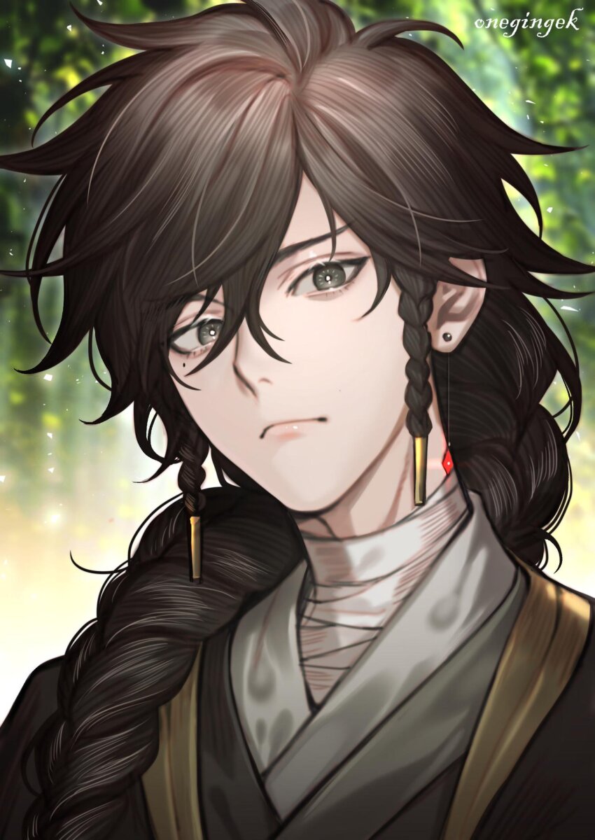 1boy bandaged_neck bandages black_hanfu braid bright_pupils brown_hair character_request chinese_clothes closed_mouth copyright_request dappled_sunlight day earrings expressionless forest frown green_eyes hair_between_eyes hair_over_shoulder hair_tubes hanfu highres jewelry light_particles lips long_hair male_focus messy_hair mole mole_under_eye multiple_braids nature onegingek outdoors pink_lips solo source_request stud_earrings sunlight thick_eyebrows third-party_source twin_braids upper_body very_long_hair white_pupils