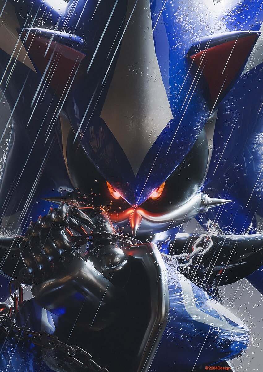 1boy 2204design blender_(medium) chain close-up commentary english_commentary glowing glowing_eyes highres holding holding_chain looking_at_viewer mecha metal_sonic neo_metal_sonic no_humans rain red_eyes robot science_fiction solo sonic_(series) sonic_heroes spikes super_robot upper_body