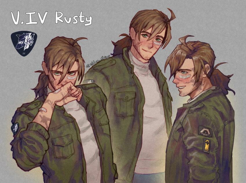 1boy ahoge armored_core bandaid bandaid_on_cheek bandaid_on_face beard_stubble blush brown_hair commentary elden_things english_commentary facial_hair green_eyes hair_between_eyes jacket low_ponytail male_focus multiple_views open_clothes open_jacket ponytail profile scar scar_on_face scar_on_nose smile stubble upper_body v.iv_rusty wiping_nose