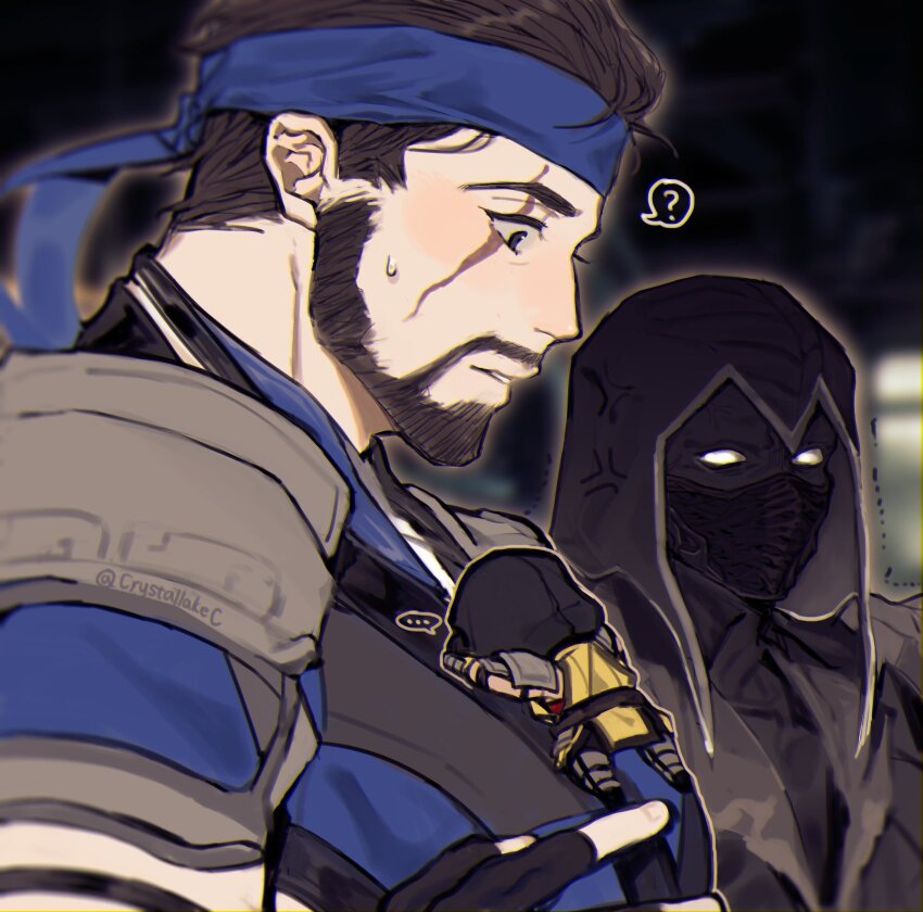 3boys ? anger_vein beard black_hair chibi crystallakec facial_hair from_side girl_staring_at_guy&#039;s_chest_(meme) highres hood hood_up large_pectorals male_focus mask meme mortal_kombat_(series) mortal_kombat_11 mouth_mask multiple_boys muscle_envy muscular muscular_male pectorals scar scar_across_eye scar_on_face scorpion_(mortal_kombat) short_hair smoke_(mortal_kombat) speech_bubble sub-zero twitter_username