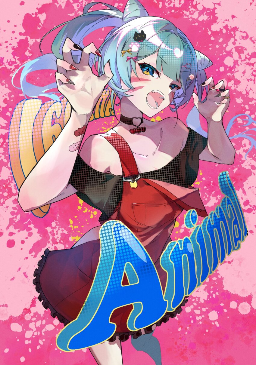 1girl animal_(vocaloid) bandaid bandaid_on_arm black_choker blue_hair choker collarbone hadu_oekaki hatsune_miku highres nail_(hardware) open_mouth pink_background vocaloid