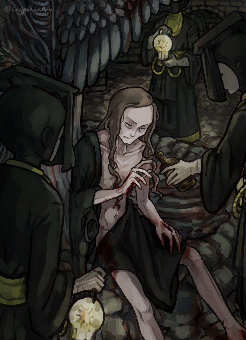 1boy 3others barefoot black_robe blood blood_on_feet blood_on_hands bottle brown_hair collarbone commentary english_commentary enki_(fear_&amp;_hunger) fear_&amp;_hunger_(series) fear_&amp;_hunger_1 giving highres holding holding_bottle kingjoshua long_hair multiple_others naked_robe parted_lips robe sitting skinny solo_focus twitter_username