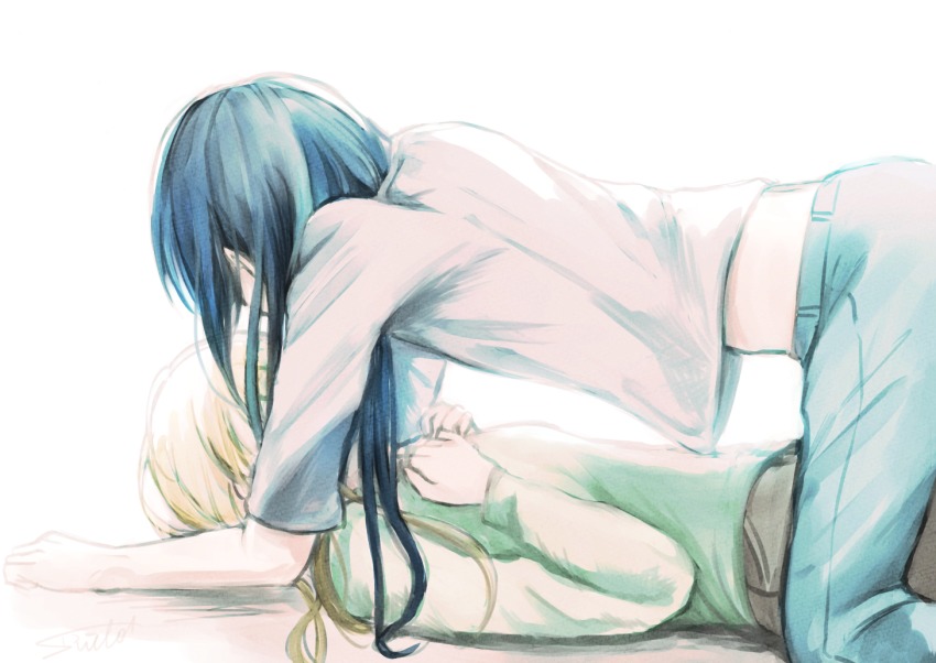 2girls all_fours ayase_eli blonde_hair blue_hair covered_face denim green_shirt hair_down hands_up jeans long_sleeves love_live! love_live!_school_idol_project lying multiple_girls on_back pants shirt short_sleeves signature sonoda_umi suito white_background yuri