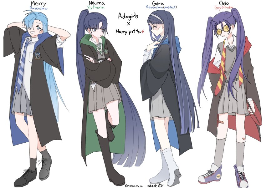 4girls 7026jaja ado_(utaite) ahoge arms_behind_head bandaid bandaid_on_leg black_coat black_socks blue_eyes blue_hair blue_necktie boots braid braided_bangs character_name closed_mouth cloud_nine_inc coat collared_shirt commentary_request copyright_name crossed_arms full_body gira_gira green_necktie grey_skirt grey_socks grey_sweater_vest gryffindor hair_between_eyes hair_over_one_eye hand_up harry_potter_(series) highres holding holding_wand kneehighs light_blue_hair long_hair long_sleeves looking_at_viewer merry_(ado) multiple_girls naima_(ado) necktie odo_(song) open_clothes open_coat parted_bangs pleated_skirt ponytail ravenclaw readymade_(ado) red_necktie shirt shoes simple_background skirt three-quarter_sleeves slytherin socks sweater_vest tinted_eyewear twintails twitter_username undone_necktie usseewa very_long_hair wand white_background white_footwear white_shirt wizarding_world yellow-tinted_eyewear