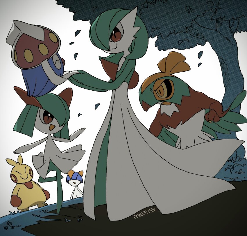 alternate_color closed_eyes colored_skin dated dress falling_leaves gardevoir gen_3_pokemon gen_6_pokemon grass green_hair hair_over_eyes hawlucha highres horns inkay kirlia leaf makuhita multicolored_skin nintendo no_feet on_grass open_mouth pink_eyes pokemon pokemon_(creature) ralts sg_(suuchan) shiny_pokemon sidelocks simple_background smile tree two-tone_skin white_dress white_skin