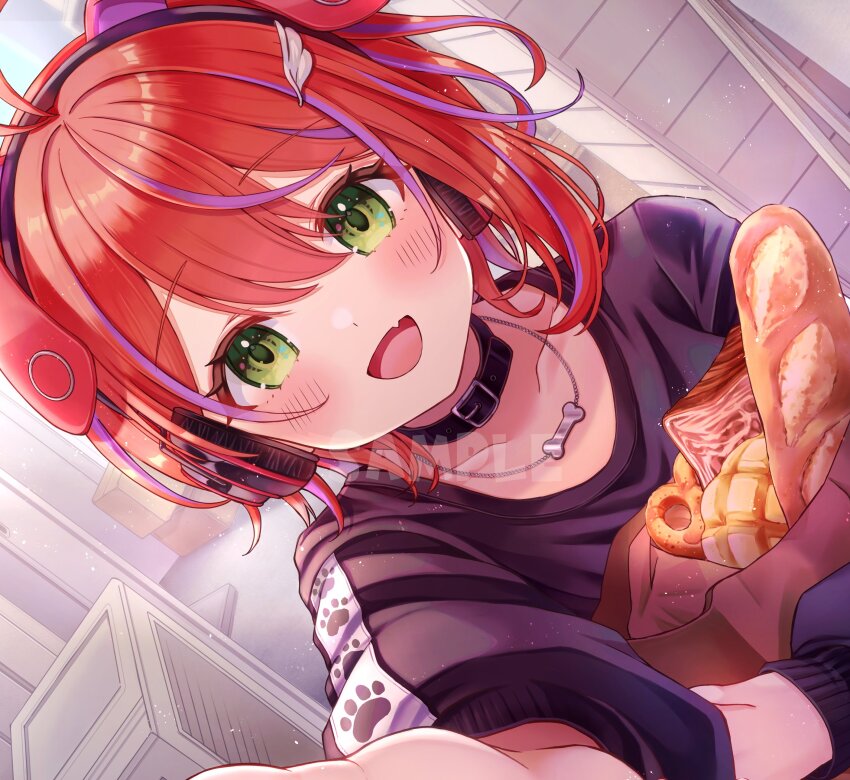 1girl :d absurdres akane_canna animal_collar animal_ear_headphones animal_ears antenna_hair bag baguette black_shirt blush bone_necklace botamochi_(botabutasan) bread collar commentary_request fake_animal_ears fang food green_eyes headphones highres looking_at_viewer melon_bread multicolored_hair nanashi_inc. official_art open_mouth paper_bag pretzel purple_hair red_hair shirt shopping_bag short_hair skin_fang smile solo streaked_hair t-shirt two-tone_hair upper_body virtual_youtuber