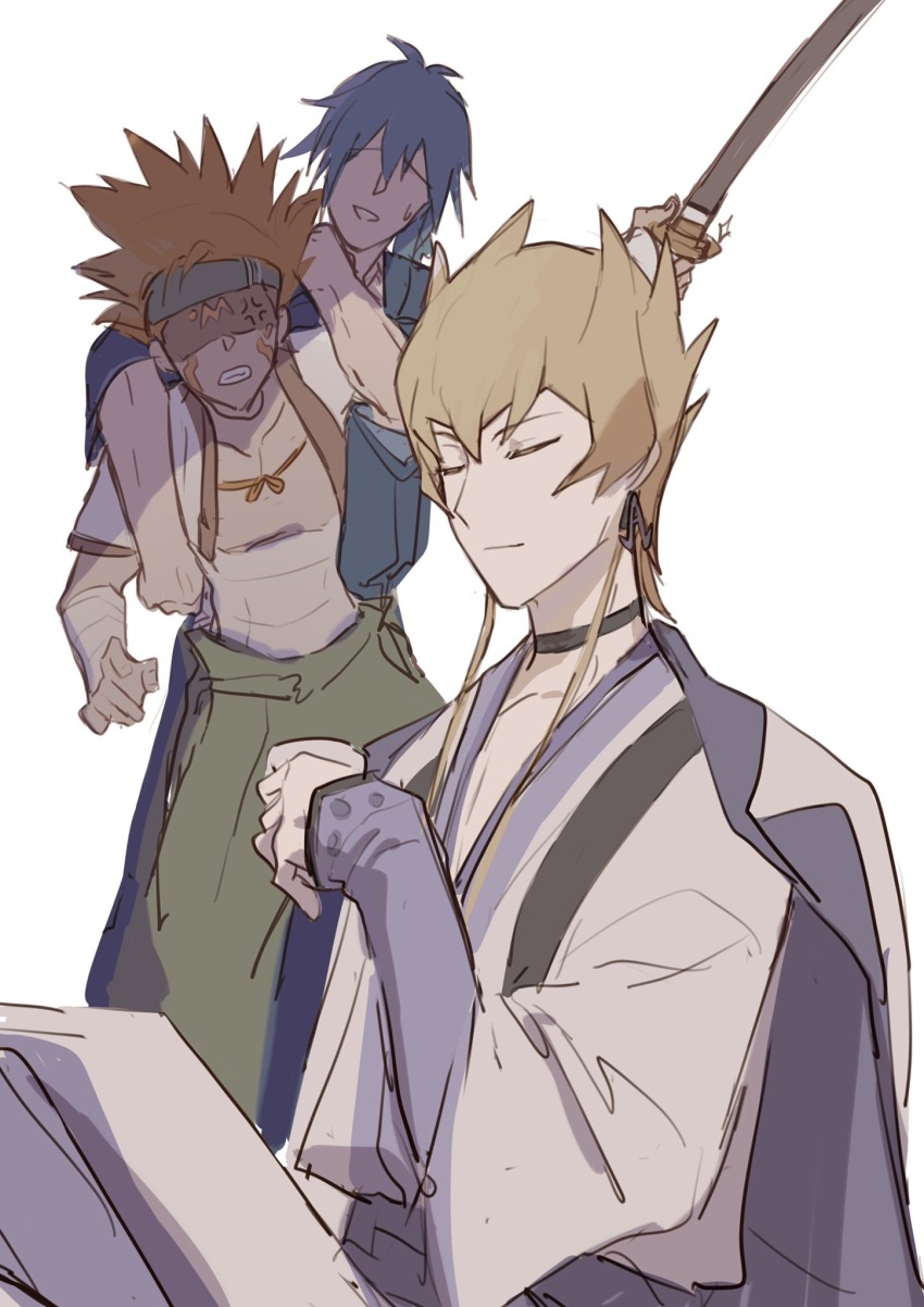 3boys alternate_costume alternate_universe anger_vein angry bad_id bad_lofter_id bandaged_arm bandaged_torso bandages black_choker blonde_hair blue_hair blue_headband blue_kimono bruno_(yu-gi-oh!) choker closed_eyes cropped_jacket crossed_legs crow_hogan cup earrings floating_earring green_hakama hakama headband highres holding holding_back holding_cup holding_sword holding_weapon jack_atlas jacket japanese_clothes jewelry katana kimono layered_sleeves light_smile male_focus multiple_boys naoki_(2rzmcaizerails6) nervous_smile no_eyes open_clothes open_jacket orange_hair scabbard shaded_face sheath short_hair_with_long_locks simple_background sitting sketch smile spiked_hair standing sweatdrop sword weapon white_background white_jacket white_kimono yu-gi-oh! yu-gi-oh!_5d&#039;s