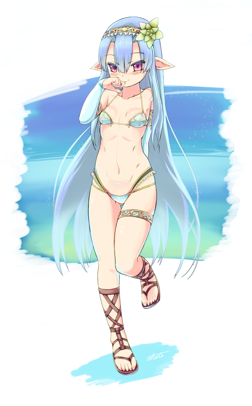 absurdres bikini blue_hair blush breasts cleavage crystal_alma elf emil_chronicle_online hair_ornament hairband highres long_hair navel pointy_ears red_eyes sandals smile standing standing_on_one_leg swimsuit the-ta very_long_hair