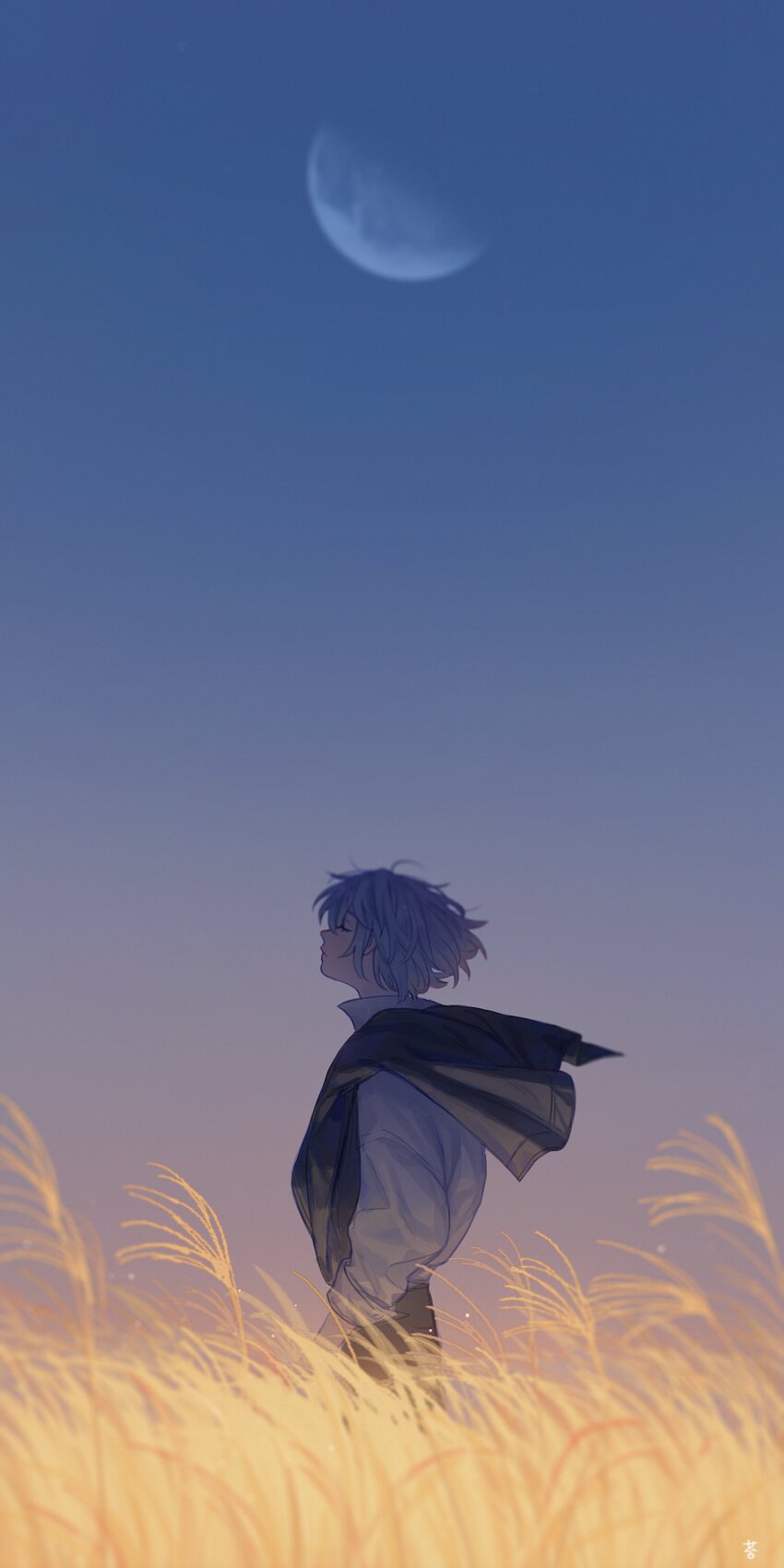 1boy absurdres blue_hair closed_eyes coke_6 collared_shirt facing_ahead field floating_clothes floating_hair from_side gradient_sky highres jacket jacket_over_shoulder long_sleeves mahoutsukai_no_yakusoku male_focus moon_in_daylight nature nero_turner on_shoulder outdoors profile puffy_long_sleeves puffy_sleeves shirt short_hair sky solo unworn_jacket white_shirt
