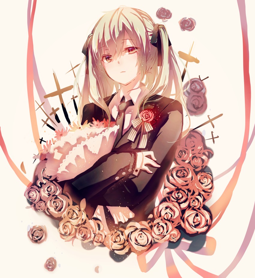1girl black_necktie black_ribbon bouquet brown_eyes female_focus flower grey_hair hair_between_eyes hair_ribbon hatsune_miku hatsune_miku_(saihate) highres holding holding_bouquet long_hair necktie pudding_(8008208820) ribbon saihate_(vocaloid) shirt simple_background solo twintails upper_body vocaloid white_background white_shirt