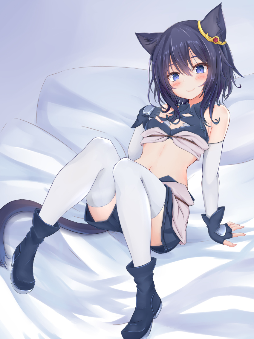 1girl absurdres animal_ear_fluff animal_ears arm_warmers bed bird-perch black_boots black_gloves black_hair black_shirt black_skirt blue_eyes blush boots cat_ears cat_girl cat_tail commission crop_top fingerless_gloves fran_(tensei_shitara_ken_deshita) gloves hand_on_own_chest highres knees_up leaning_back legs looking_at_viewer midriff miniskirt navel pillow pixiv_commission shirt short_hair sitting skirt sleeveless sleeveless_shirt smile solo tail tensei_shitara_ken_deshita thighhighs thighs white_thighhighs