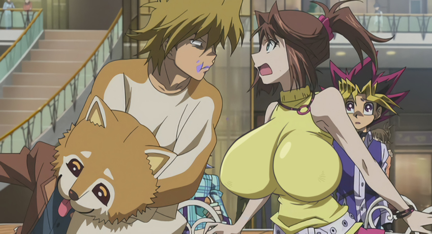 2girls 3boys blonde_hair breasts brown_hair green_eyes hair_ornament highres katsuya_jonouchi large_breasts mazaki_anzu multicolored_hair multiple_boys multiple_girls muto_yugi purple_eyes sts third-party_edit yu-gi-oh! yu-gi-oh!_the_dark_side_of_dimensions
