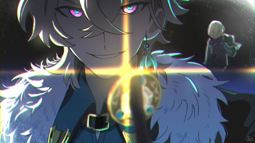 2boys aventurine_(honkai:_star_rail) black_background black_jacket blonde_hair blue_eyes collared_shirt commentary_request cowboy_shot earrings facing_away fur-trimmed_jacket fur_trim green_shirt highres holding honkai:_star_rail honkai_(series) jacket jewelry kakavasha_(honkai:_star_rail) lens_flare looking_at_viewer male_focus multicolored_eyes multiple_boys pink_eyes pirohi_(pirohi214) poker_chip portrait shirt short_hair simple_background single_earring smile two-tone_eyes upper_body