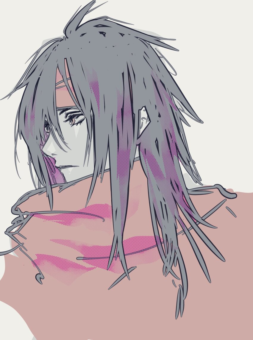 1boy black_hair cloak closed_mouth commentary_request eyelashes final_fantasy final_fantasy_vii frown grey_background hair_behind_ear headband highres kanoe_k long_hair male_focus profile red_cloak red_eyes red_headband simple_background solo vincent_valentine