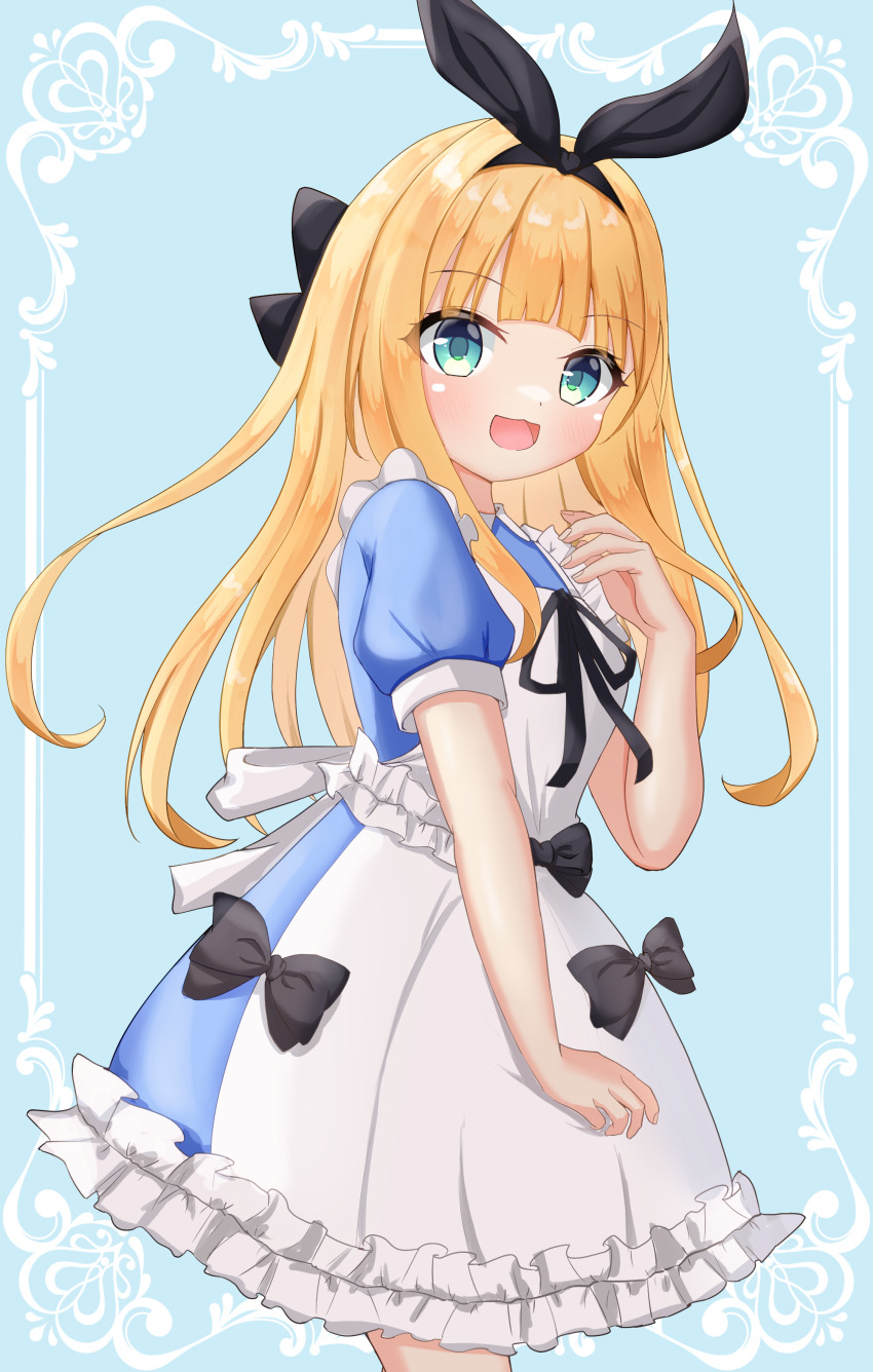 1girl :d absurdres apron aqua_background aqua_eyes black_bow black_hairband blonde_hair blue_dress blunt_bangs blush border bow bow_hairband collared_shirt dot_nose dress dress_bow floating_hair frilled_apron frills hair_bow hair_intakes hairband hand_up highres long_hair looking_at_viewer maid_apron mononobe_alice mononobe_alice_(1st_costume) nijisanji numamizuki open_mouth ornate_border petite puffy_short_sleeves puffy_sleeves shirt short_sleeves sidelocks simple_background smile tareme virtual_youtuber white_apron white_shirt