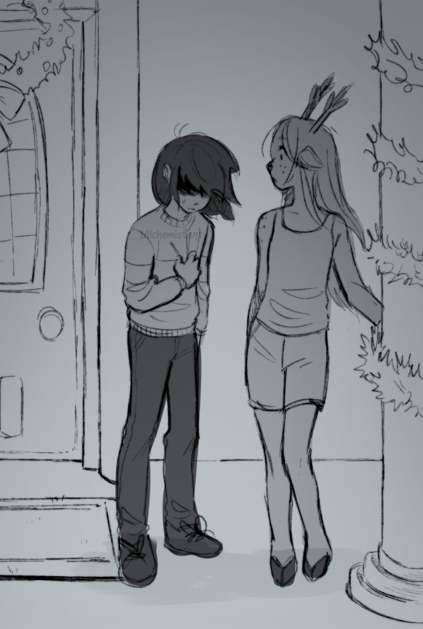 1alchemistart 1girl 1other animal_ears antlers deer_antlers deer_ears deer_girl deltarune freckles furry furry_female highres horns kris_(deltarune) long_hair long_sleeves noelle_holiday reindeer_girl shirt weird_route_(deltarune)