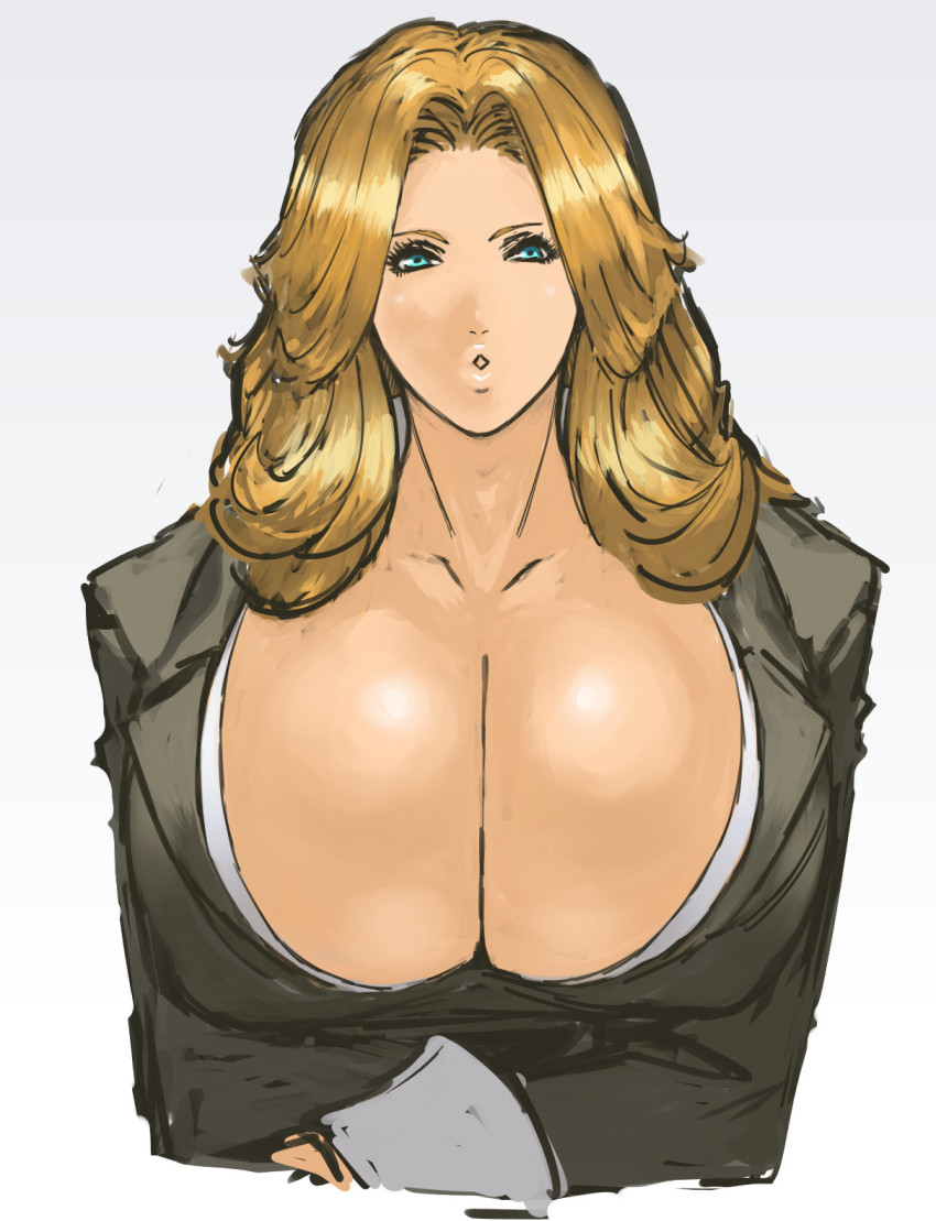 1girl aqua_eyes bleach blonde_hair blue_eyes breasts bursting_breasts cleavage curly_hair formal_clothes highres huge_breasts matsumoto_rangiku nameo_(judgemasterkou) suit