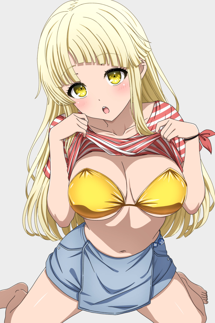 1girl bang_dream! bikini blonde_hair blue_skirt breasts clothes_lift commentary gold_bikini highres large_breasts long_hair looking_at_viewer navel noshimurin paid_reward_available red_shirt shirt shirt_lift simple_background skirt solo stomach striped_clothes striped_shirt swimsuit tsurumaki_kokoro white_background yellow_eyes