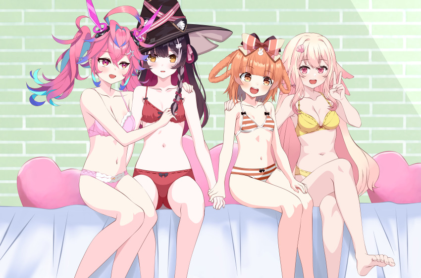 4girls absurdres animal_ears bed bed_sheet belly blush blush_stickers bow bra breasts commission crossed_legs feet feet_out_of_frame hand_on_another&#039;s_chest hand_on_another&#039;s_shoulder hat highres kiniro_tofu knee_up knees_up long_hair looking_at_another lottie_shinju matching_underwear miuna_usako multicolored_hair multiple_girls navel nebi_nebu open_mouth orange_eyes orange_hair panties pillow pink_bra pink_eyes pink_hair pink_panties pixellink rabbit_ears raccoon_ears raki_kazuki red_bra red_panties ribbon short_hair small_breasts smile striped_bra striped_clothes striped_panties toes twintails underwear underwear_only v virtual_youtuber witch_hat yellow_bra yellow_eyes yellow_panties