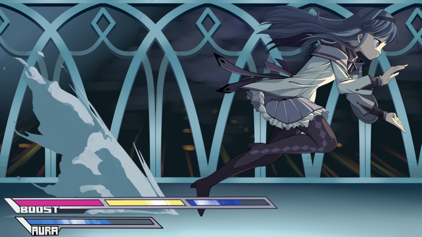 10s 1girl akemi_homura akemi_homura_(magical_girl) bad_id bad_pixiv_id black_eyes black_hair boots fake_screenshot female_focus gameplay_mechanics geppewi hairband highres hokuto_no_ken hokuto_no_ken:_shinpan_no_sousousei_kengou_retsuden long_hair mahou_shoujo_madoka_magica mahou_shoujo_madoka_magica_(anime) pantyhose profile solo thigh_boots thighhighs
