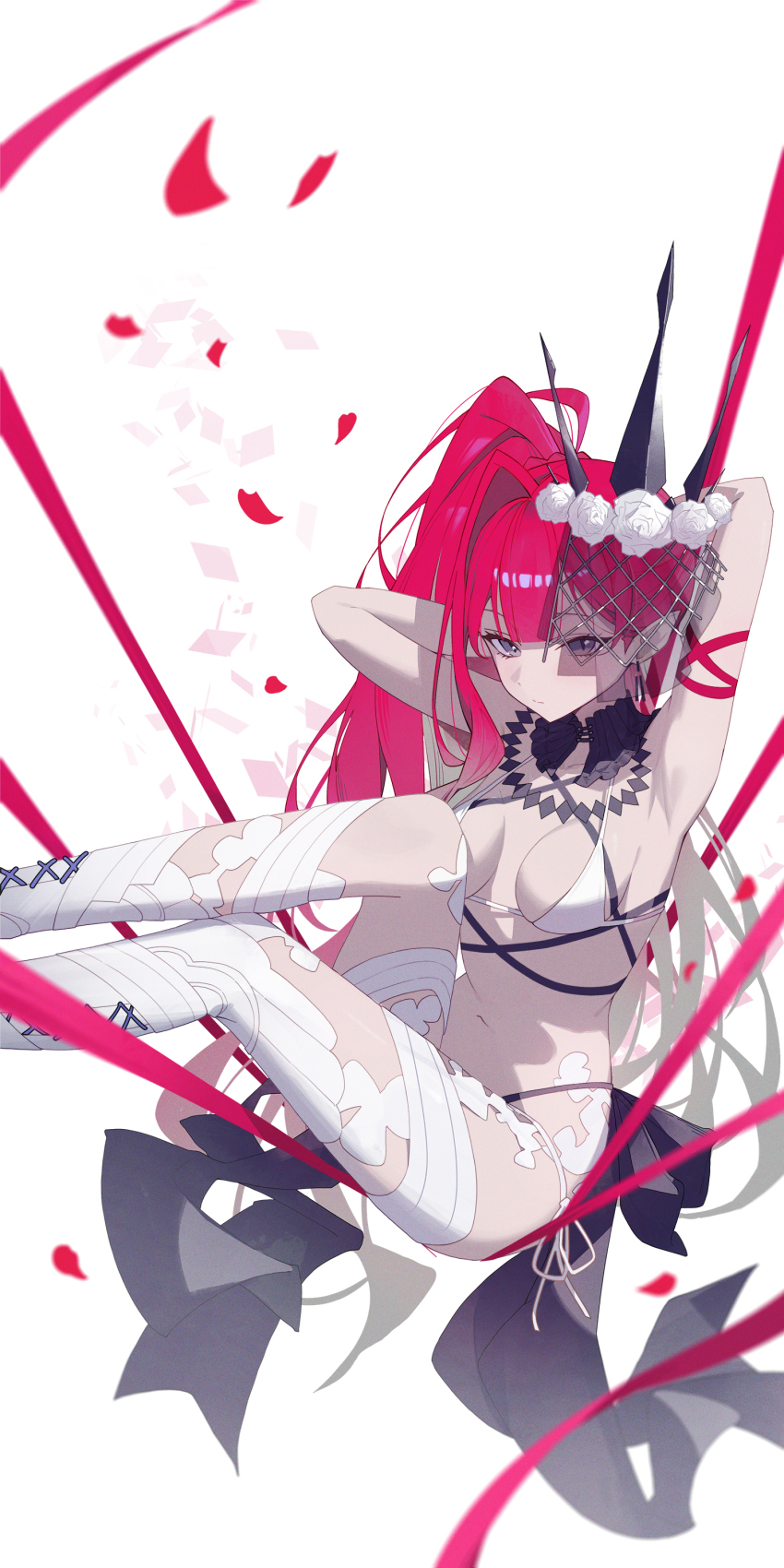 1girl absurdres baobhan_sith_(fate) baobhan_sith_(swimsuit_pretender)_(third_ascension)_(fate) bare_shoulders bikini blush breasts cleavage crown fate/grand_order fate_(series) grey_eyes highres large_breasts long_hair looking_at_viewer navel pointy_ears side_ponytail solo sukaliya swimsuit veil white_bikini