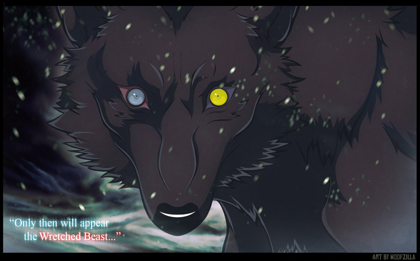 animal animal_focus commentary darcia english_commentary english_text grey_eyes heterochromia highres letterboxed looking_at_viewer no_humans snowing solo wolf wolf&#039;s_rain woofzilla yellow_eyes