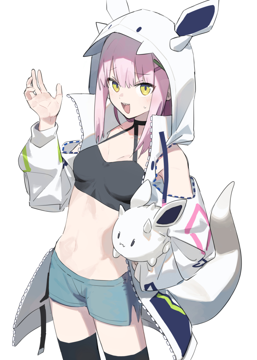 1girl a.i._voice animal_hood bare_shoulders black_camisole black_thighhighs blue_shorts blush breasts camisole carrying carrying_under_arm clothing_cutout coat commentary_request cowboy_shot creature crop_top fake_tail halterneck hand_up highres hitogome holding holding_creature hood hood_up hooded_coat long_hair long_sleeves looking_at_viewer medium_breasts midriff open_clothes open_coat pink_hair short_shorts shorts shoulder_cutout simple_background small_sweatdrop smile solo standing tail thighhighs white_coat yellow_eyes yukine_riu zipper