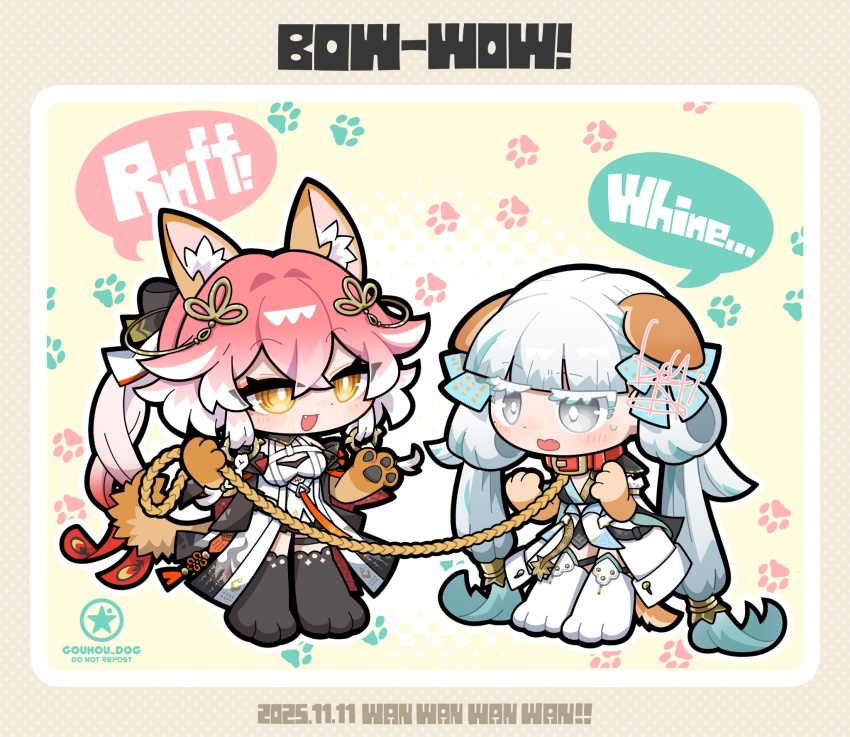 2girls animal_ear_fluff animal_ears animal_hands artist_logo black_dress black_jacket black_thighhighs breasts bright_pupils changli_(wuthering_waves) coat colored_eyelashes commentary dated dog-san dog_ears dog_girl dress english_text hair_ornament hair_rings hands_up highres holding holding_leash jacket jinhsi_(wuthering_waves) kemonomimi_mode leash logo medium_breasts multicolored_hair multiple_girls open_mouth pink_hair smile symbol-only_commentary thigh_strap thighhighs twintails two-tone_hair white_coat white_dress white_eyelashes white_eyes white_hair white_pupils wuthering_waves yellow_eyes