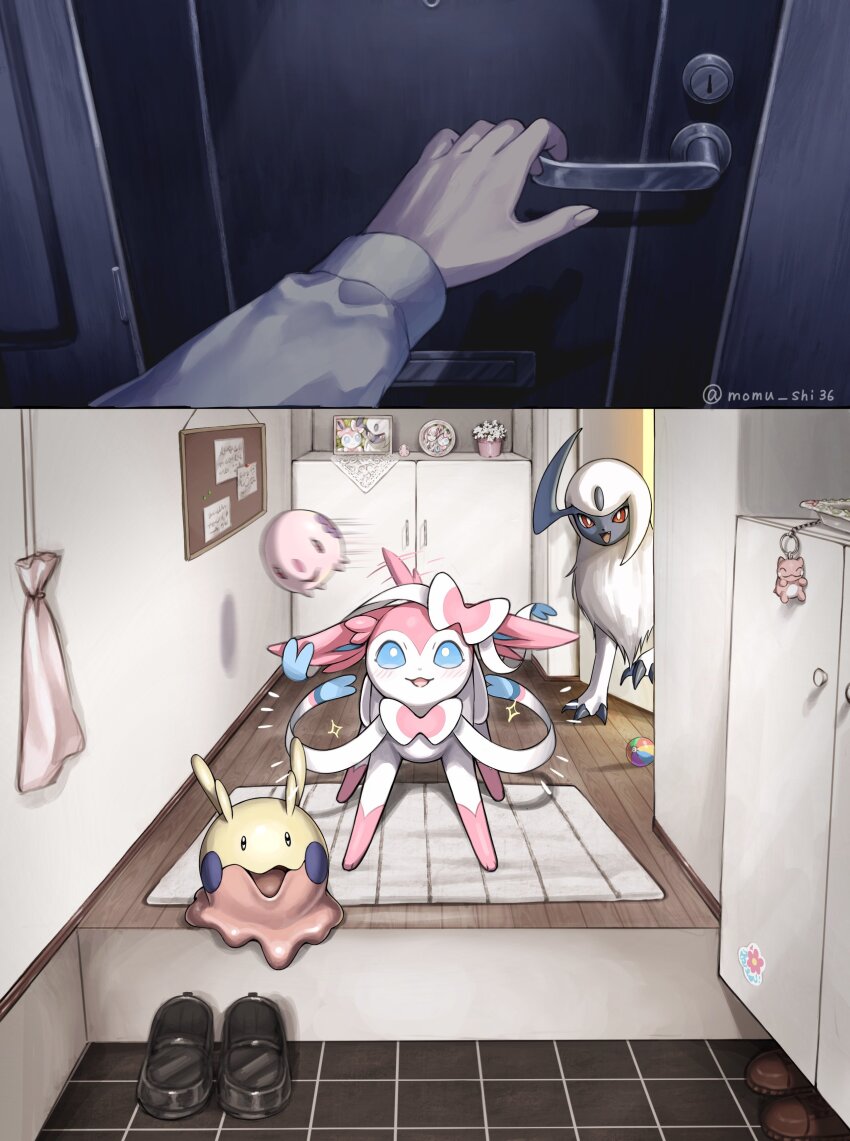 1other :3 :d absol absurdres afterimage alternate_color animal_focus artist_name black_shoes blue_eyes blush body_fur bow bright_pupils brown_shoes cabinet charm_(object) claws colored_extremities colored_skin commentary_request door door_handle ears_down female_pov flower flower_pot gen_3_pokemon gen_5_pokemon gen_6_pokemon genkan goomy hand_on_handle happy highres horns indoors loafers long_sleeves looking_at_viewer multicolored_skin munna nintendo notice_lines open_mouth opening_door pet photo_(object) picture_frame pink_bow pink_skin pink_tail plant pokemon pokemon_(creature) pokemon_focus potted_plant pov pov_hands red_eyes sash shiny_pokemon shirt shoes single_horn slice_of_life slug smile solid_oval_eyes sparkle standing sticky_note substitute_(pokemon) sylveon tablecloth tail tail_wagging tile_floor tiles twitter_username two-tone_bow two-tone_skin unworn_shoes w8ukg2 white_bow white_flower white_fur white_pupils white_sash white_shirt white_skin wooden_floor