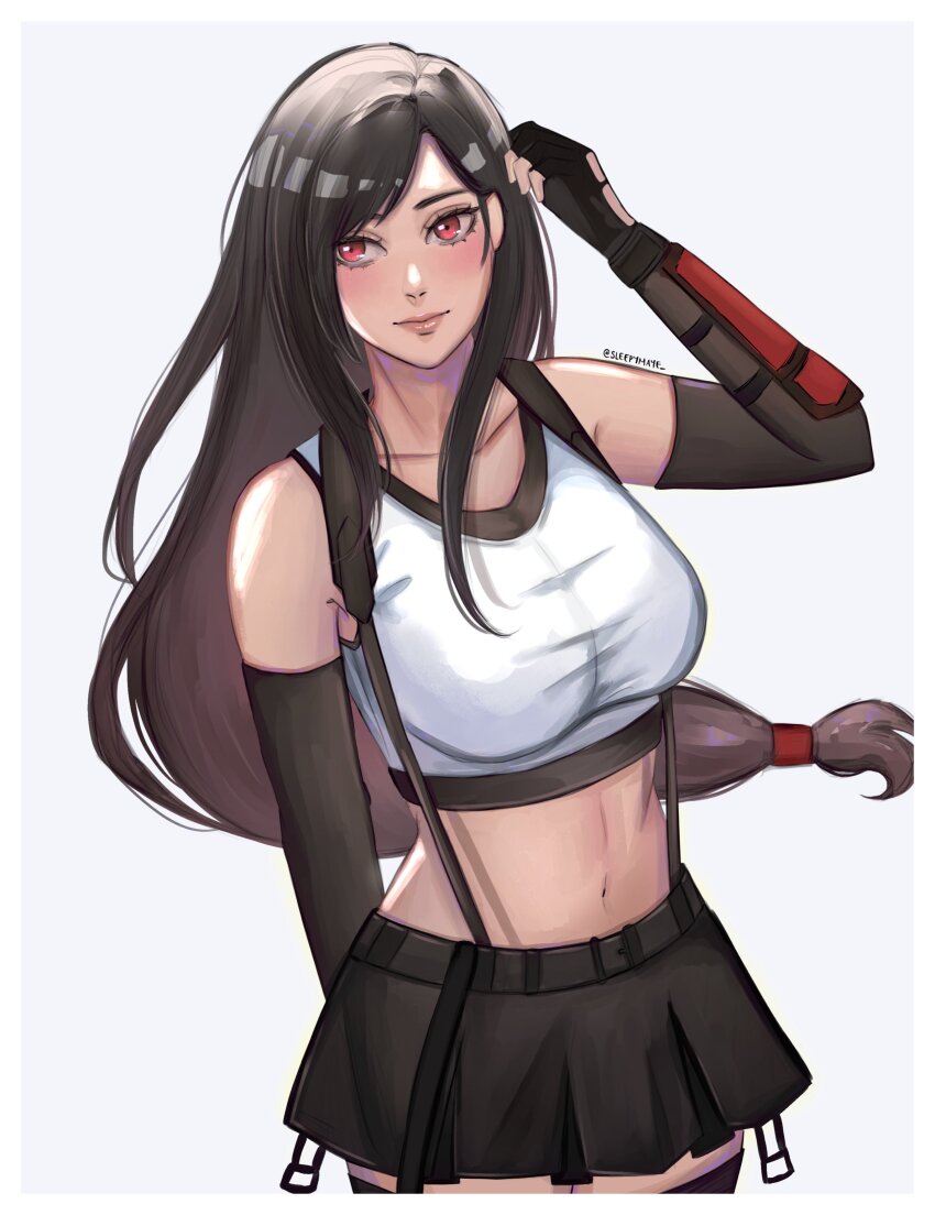 1girl absurdres bare_shoulders black_gloves black_hair black_skirt black_sports_bra blush breasts closed_mouth collarbone cowboy_shot crop_top elbow_gloves final_fantasy final_fantasy_vii final_fantasy_vii_remake fingerless_gloves gloves hand_up hashtag-only_commentary highres lips long_hair looking_at_viewer low-tied_long_hair maye medium_breasts midriff miniskirt navel red_eyes skirt solo sports_bra suspender_skirt suspenders tank_top tifa_lockhart twitter_username white_tank_top