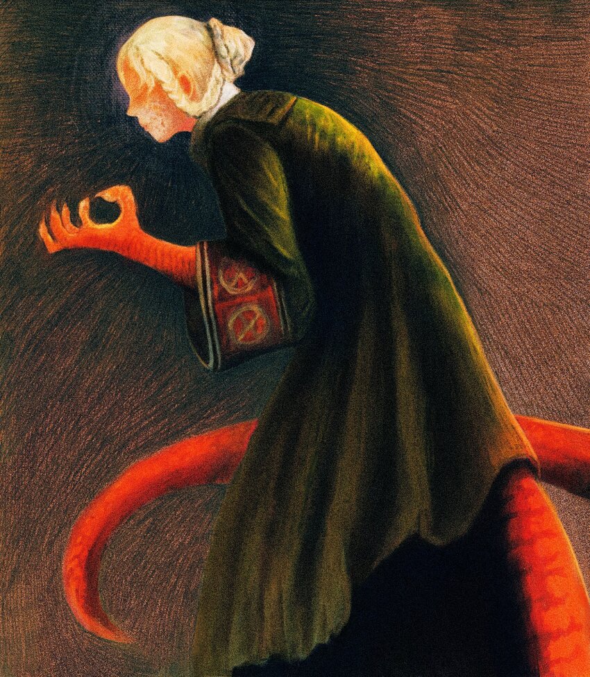 1girl alternate_form artist_request blonde_hair braid braided_hair_rings claw_pose closed_eyes colored_pencil_(medium) dress elden_ring feet_out_of_frame from_side green_dress hair_rings high_collar highres hunched_over long_sleeves monster_girl no_feet non-web_source ornate_clothes rya_(elden_ring) short_hair simple_background snake_tail solo source_request tail traditional_media wide_sleeves
