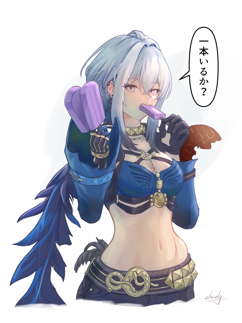 1girl absurdres black_gloves blue_bra bra chucky_(chucky1000sun) commentary_request earrings food galbrena_(wuthering_waves) gloves grey_hair hair_between_eyes highres holding holding_food holding_popsicle jewelry looking_at_viewer medium_hair navel popsicle purple_eyes sidelocks signature simple_background solo stomach translation_request underwear white_background wuthering_waves