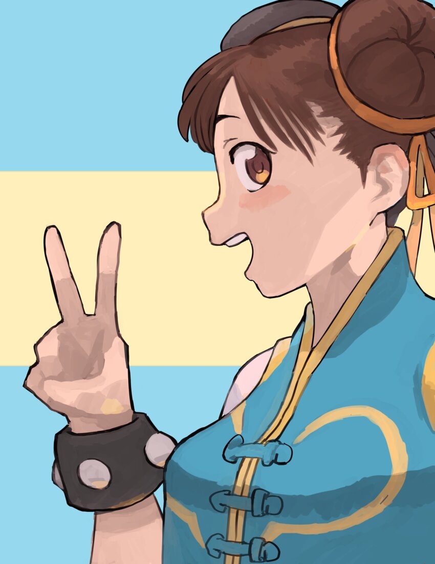 1girl :d bracelet brown_eyes brown_hair capcom chun-li double_bun gan2 hair_bun hair_ribbon hand_up highres jewelry open_mouth orange_ribbon ribbon short_hair smile solo street_fighter street_fighter_zero_(series) studded_bracelet teeth upper_teeth_only v