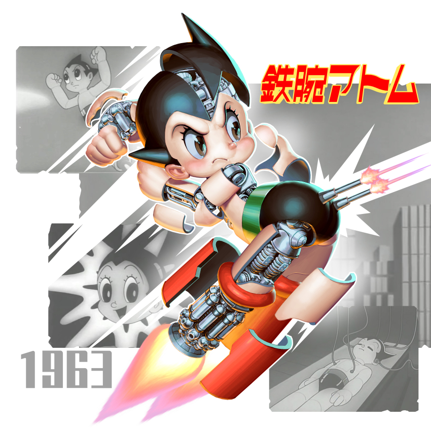 1960s_(style) 1963 1boy absurdres android atom_(tetsuwan_atom) building cable child commentary_request firing flying highres hip_cannon logo machinery oldschool retro_artstyle robot scan screencap serious sleeping smile tetsuwan_atom thrusters title traditional_media xiao_duzi