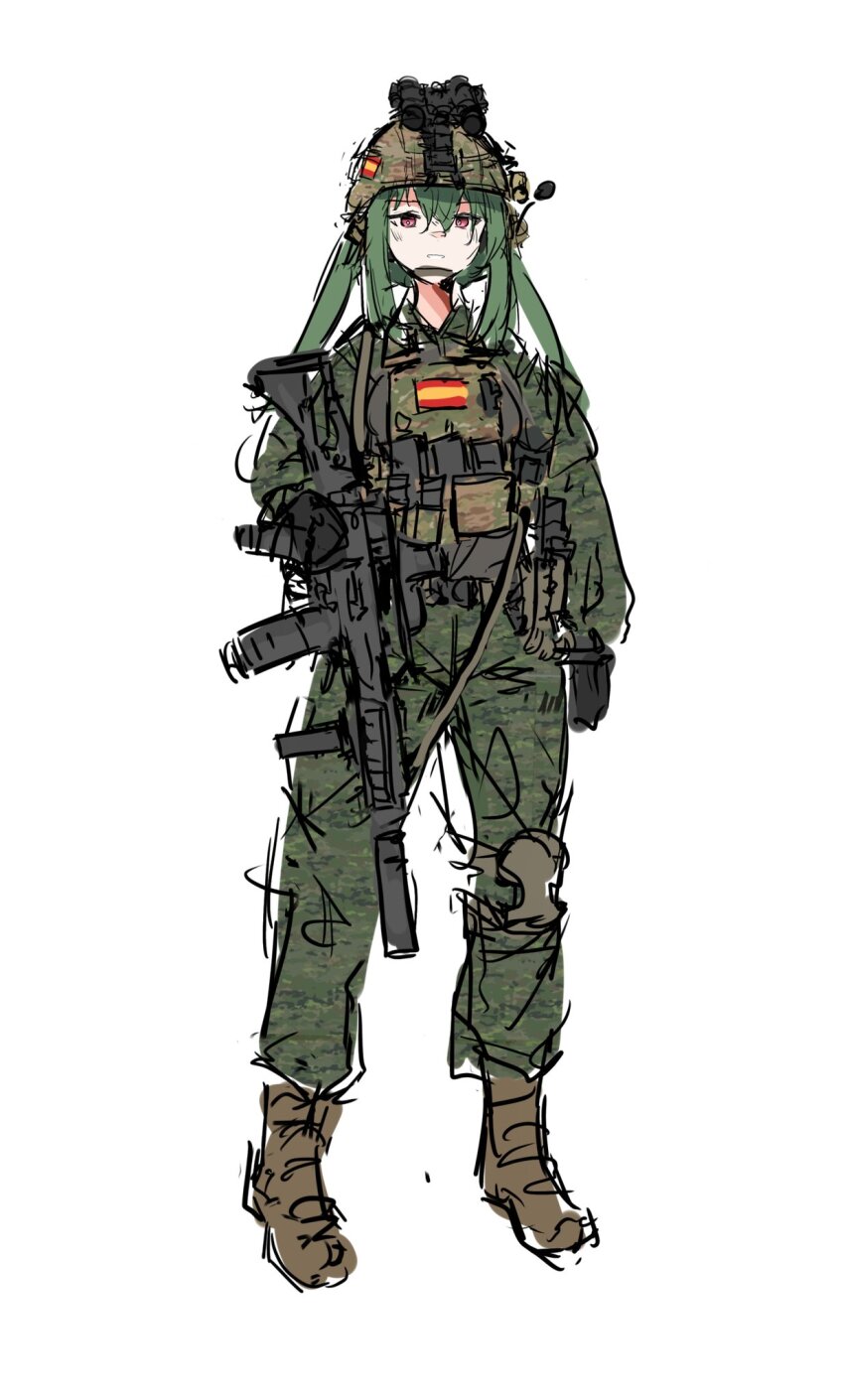 1girl animal_ears assault_rifle black_gloves boots bulletproof_vest camouflage gloves green_hair gun h&amp;k_g36 helmet highres holding holding_gun holding_weapon load_bearing_vest magazine_(weapon) military military_combat_uniform military_uniform night_vision_device optical_sight original rabbit_ears red_eyes rennn_(ilobeste) rifle sketch smile spain spanish_flag suppressor tactical_clothes teeth weapon white_background
