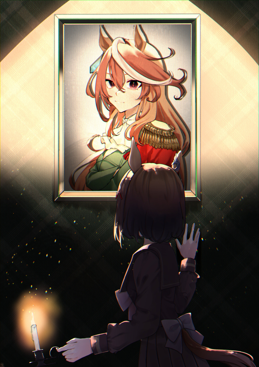 2girls absurdres animal_ears ascot back_bow black_dress bob_cut bow brown_hair candle candlestand chromatic_aberration commentary_request drawing_(object) dress ear_ornament epaulettes facing_away green_jacket hand_up highres holding holding_candle horse_ears horse_girl indoors jacket long_hair long_sleeves looking_at_viewer multicolored_hair multiple_girls picture_frame portrait red_eyes short_hair single_epaulette streaked_hair symboli_rudolf_(umamusume) tsukasa_(avdx5538) tsurumaru_tsuyoshi_(umamusume) umamusume upper_body wavy_hair white_ascot white_bow