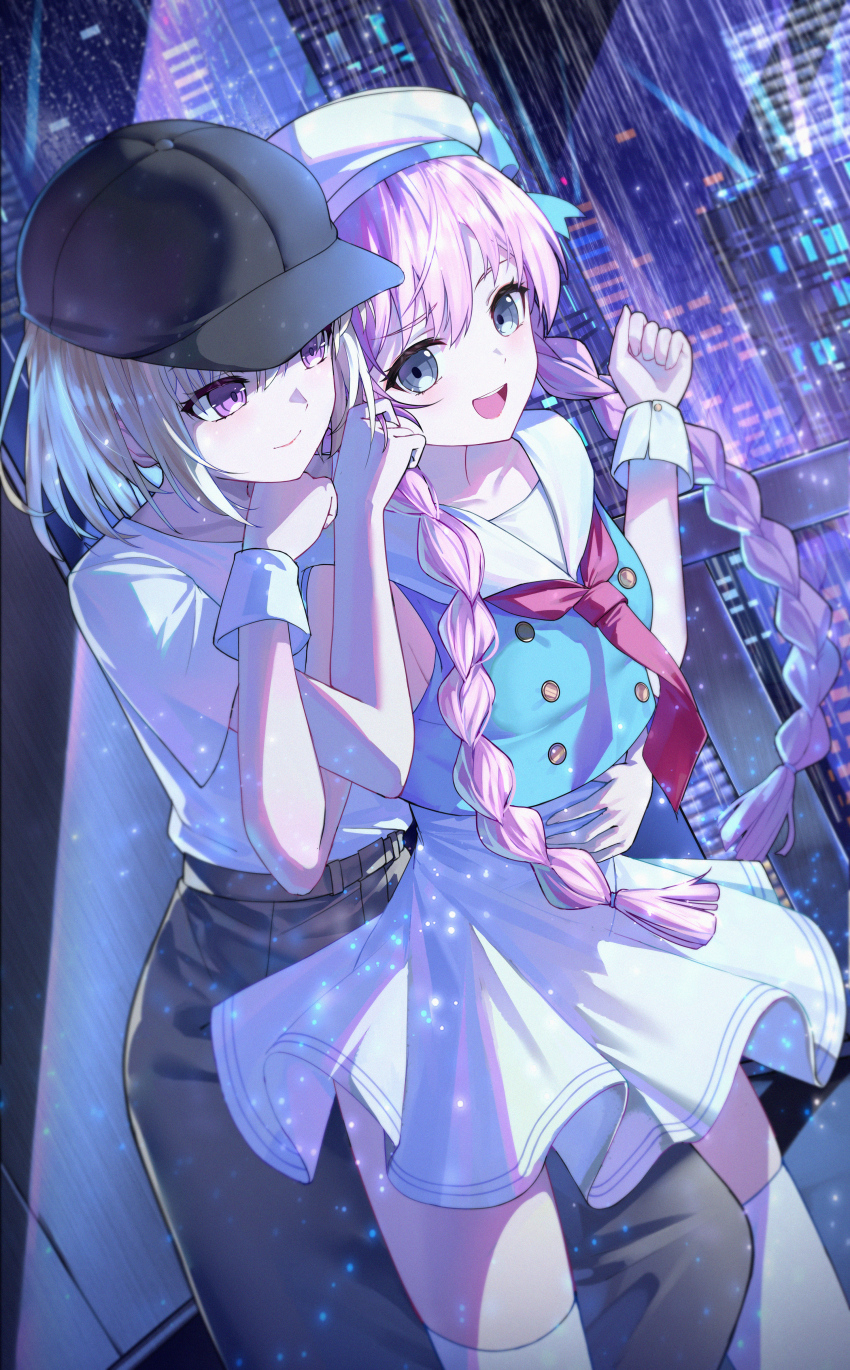 2girls :d absurdres bang_dream! bang_dream!_it&#039;s_mygo!!!!! bare_arms baseball_cap belt beret black_hat blonde_hair blue_bow blue_shirt blush bow braid building buttons chihaya_anon chinese_commentary city_lights clenched_hands closed_mouth commentary_request commission condensation double-breasted floating_neckwear front-to-back geez grey_belt grey_eyes grey_skirt hand_on_another&#039;s_stomach hands_up hat hat_bow high-waist_skirt highres hug hug_from_behind indoors leg_between_thighs light_particles long_hair long_skirt looking_at_another looking_to_the_side making-of_available miniskirt misumi_uika multiple_girls necktie neon_palette night official_alternate_costume official_alternate_hairstyle open_mouth pencil_skirt pink_hair purple_eyes rain raised_eyebrows red_necktie sailor_collar sailor_hat sailor_shirt shirt shirt_tucked_in short_hair short_sleeves sidelighting skirt skyscraper sleeveless sleeveless_shirt smile square-end_necktie t-shirt thighhighs twin_braids white_sailor_collar white_shirt white_skirt white_thighhighs white_wrist_cuffs window witch_hat wrist_cuffs yuri