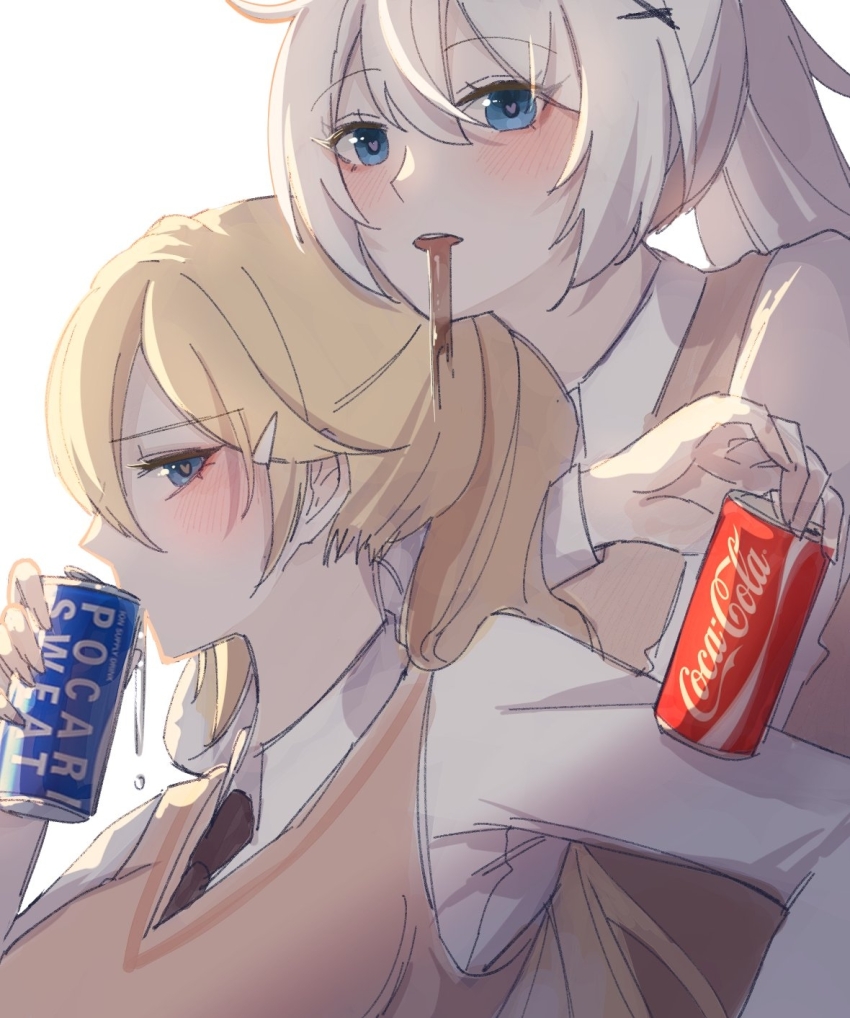 2girls alternate_costume alternate_universe blonde_hair blue_eyes can coca-cola commentary drink_can drinking durandal_(honkai_impact) hair_between_eyes heart heart-shaped_pupils highres holding holding_can honkai_(series) honkai_impact_3rd kiana_kaslana long_sleeves multiple_girls pocari_sweat school_uniform seol_(baconontheclock) shirt siblings simple_background sisters symbol-shaped_pupils vest white_background white_hair white_shirt