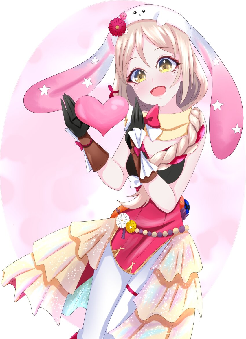 1girl absurdres animal_hat blonde_hair braid braided_ponytail brown_gloves easter expressive_clothes fire_emblem fire_emblem_engage fire_emblem_heroes framme_(fire_emblem) framme_(spring)_(fire_emblem) gloves hair_over_shoulder hat highres miyazakikuroi nintendo pantyhose pelvic_curtain pink_hair polka_dot polka_dot_scarf rabbit_hat scarf white_pantyhose yellow_eyes yellow_scarf