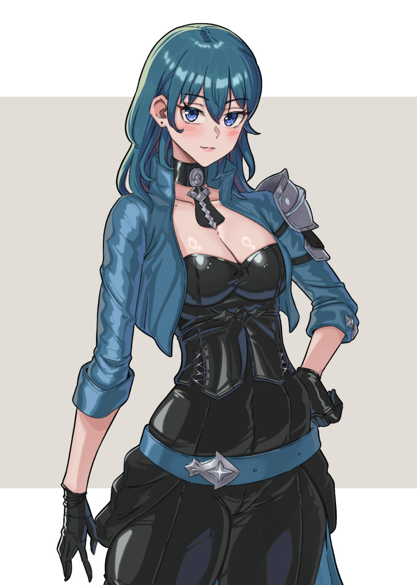 1girl absurdres aqua_belt aqua_jacket armor belt black_choker black_gloves black_pants blue_hair blush breasts female_byleth_(fire_emblem) choker cleavage closed_eyes cosplay cropped_jacket emmettart fire_emblem fire_emblem:_three_houses gloves hand_on_own_hip highres jacket lips long_hair looking_at_viewer medium_breasts nintendo pants pauldrons pink_lips purple_eyes shamir_nevrand shamir_nevrand_(cosplay) shoulder_armor single_pauldron smile solo