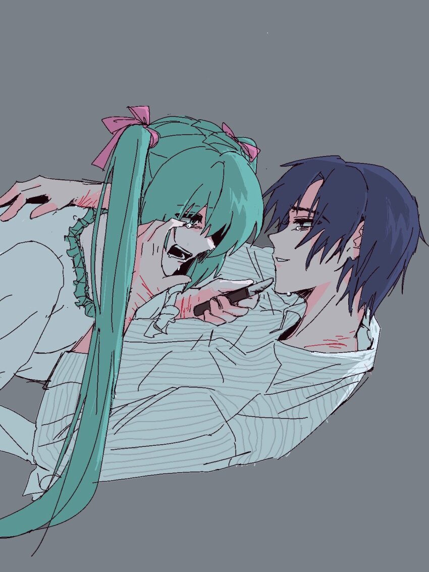 1boy 1girl adam_moonlit aqua_eyes aqua_hair bags_under_eyes blonde_hair blue_eyes collar collared_shirt comforting couple crying crying_with_eyes_open dagger dress eve_moonlit evillious_nendaiki frilled_collar frilled_dress frills grey_background hair_ribbon hand_on_another&#039;s_face hatsune_miku highres holding holding_dagger holding_knife holding_weapon husband_and_wife injury kaito_(vocaloid) knife long_hair lying ma_keikaku_(vocaloid) moonlit_bear_(vocaloid) motou_withcream on_back open_mouth parted_lips pink_ribbon pointing_melee_weapon ribbon scratches shirt short_hair sketch smile striped_clothes striped_shirt tearing_up tears twintails very_long_hair vocaloid weapon white_dress white_shirt