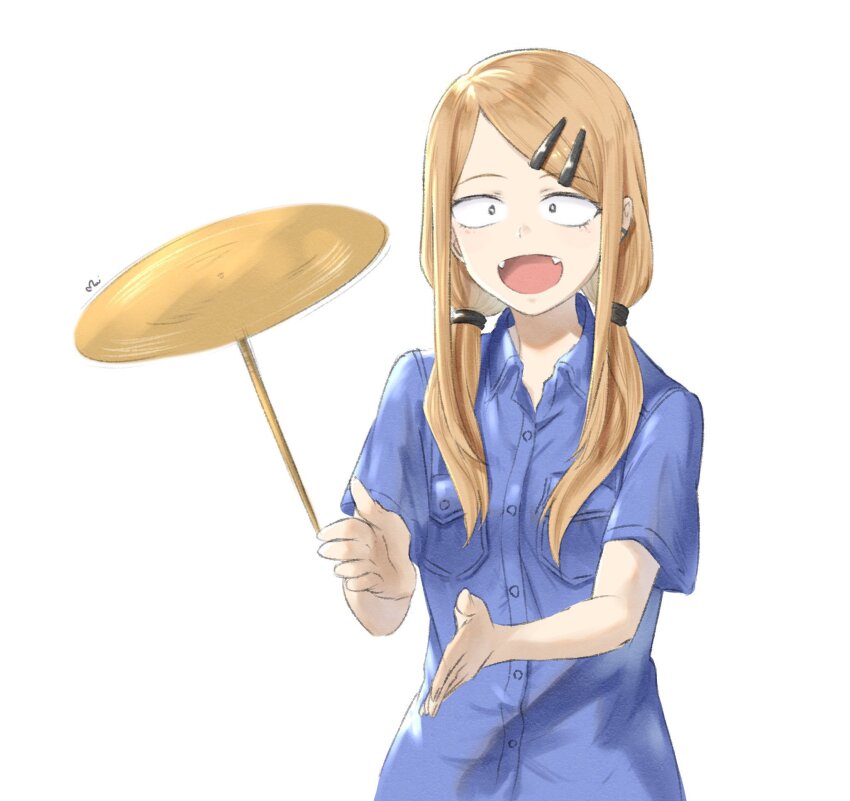 1girl blonde_hair blue_shirt breast_pocket dagashi_kashi ear_piercing endou_saya fangs hair_ornament hair_over_shoulder hairclip highres long_hair mitsugu open_mouth piercing pocket shirt sidelocks simple_background solo twintails white_background