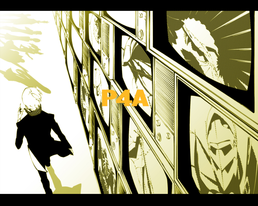 1boy atlus hei_jin himiko_(persona_4) izanagi_(persona_4) jiraiya_(persona_4) kintoki-douji konohana_sakuya_(persona) letterboxed monochrome narukami_yu persona persona_4 sukuna_hikona take-mikazuchi television tomoe_(persona_4) walking